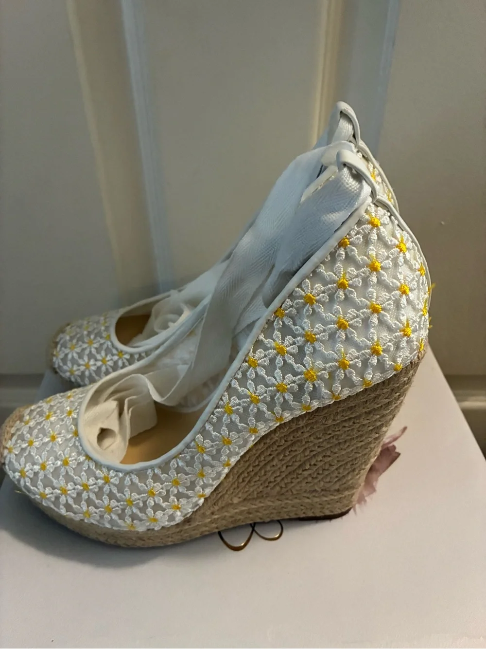 Jessica Simpson White Espadrille Wedges with Yellow Floral Embroidery